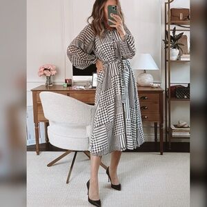 Ann Taylor Plaid Belted Midi Flare Dress.